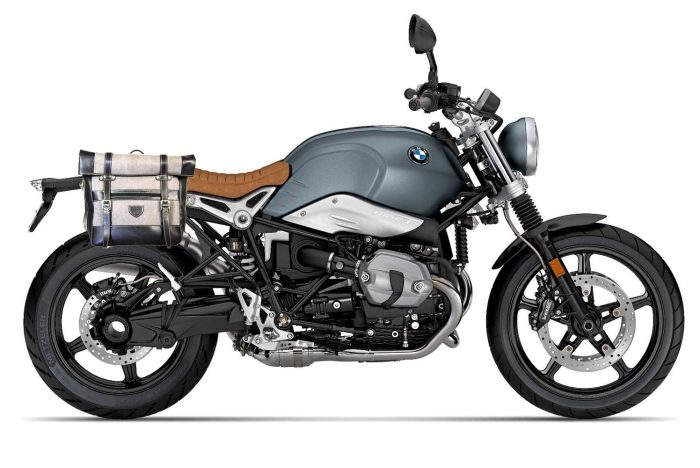 Borsa laterale per BMW RnineT - Roller Bag - scamosciato Grigio e vitello nero con telai UNIT e sgancio rapido ClickFix