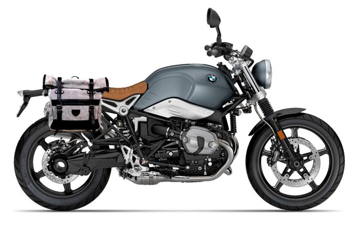 Borsa laterale per BMW RnineT - Roller Bag Estendibile - Scamosciato Grigio e vitello nero con supporto UNIT e sgancio Rapido ClickFix