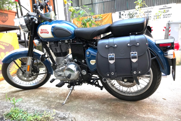 Borsa laterale per Royal Enfield Classic 350/500- Custom Bag Sinistra Nera con Telaio Cafè e Sgancio rapido Click Fix